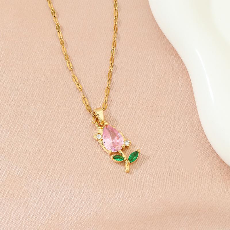 Colier cu lalea roz și zirconiu, design elegant, pentru femei, cu pandantiv floral versatil și proaspăt natural