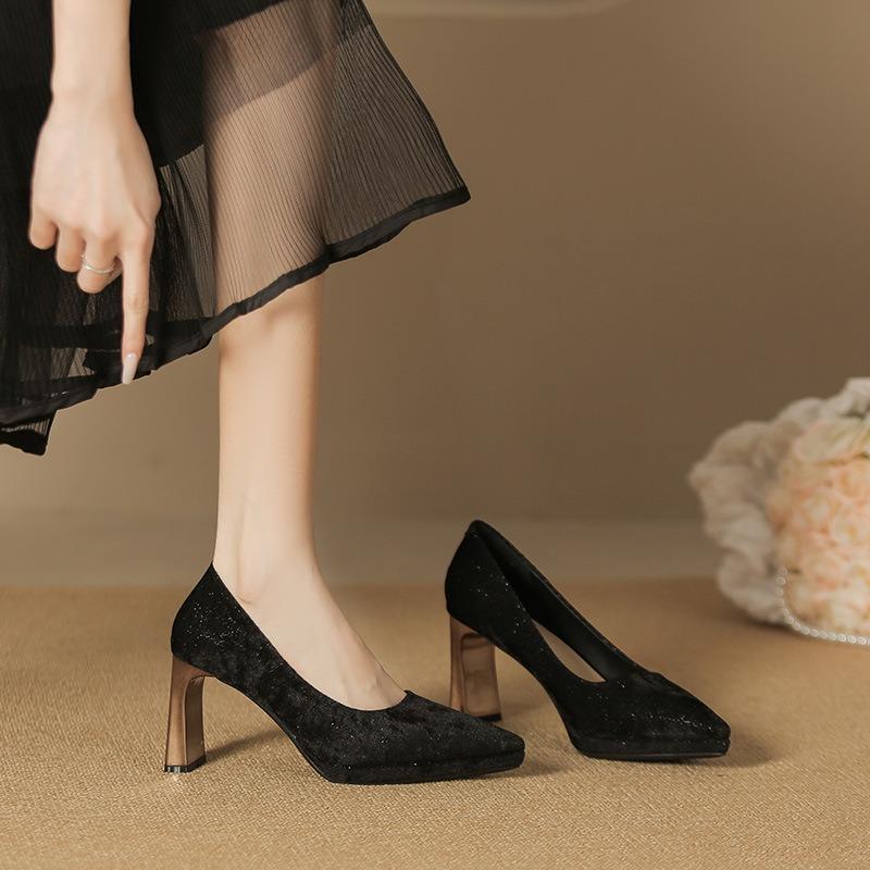 6-Pointed Thick Heel Waterproof Table Single Shoes Femininity Sexy Suede High Heels Not Tired Feet Women's Shoes