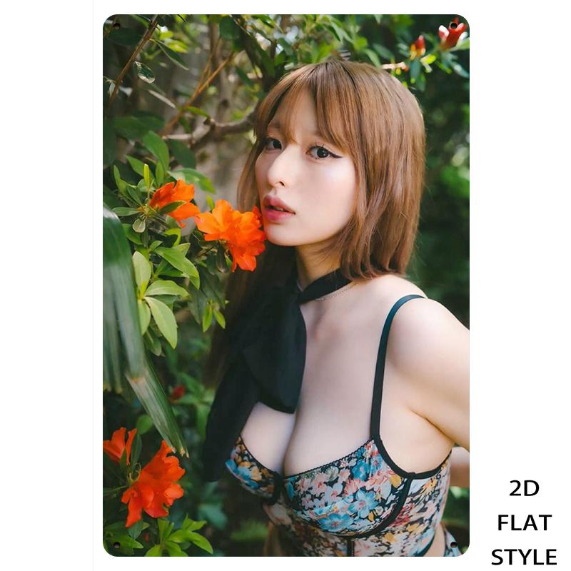 

HD Metal Tin Sign Japanese Model in Floral Lingerie with Orange Flowers Garden Portrait Wall Art Decor 20x30cm（7.8x11.8inch）