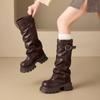 Maillard Boots Long Boots Women's Autumn and Winter Women's Shoes Pleated Belt Buckle Medium Pile Boots Brown Knight Boots