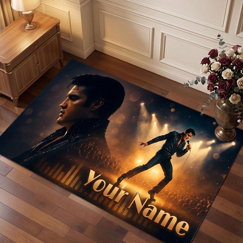 Elvis Presley Kişiselleştirilmiş Kristal Kadife Halı, Oturma Odası Yatak Odası İçin Özelleştirilmiş İsim Metinli Yumuşak Kaymaz Halı