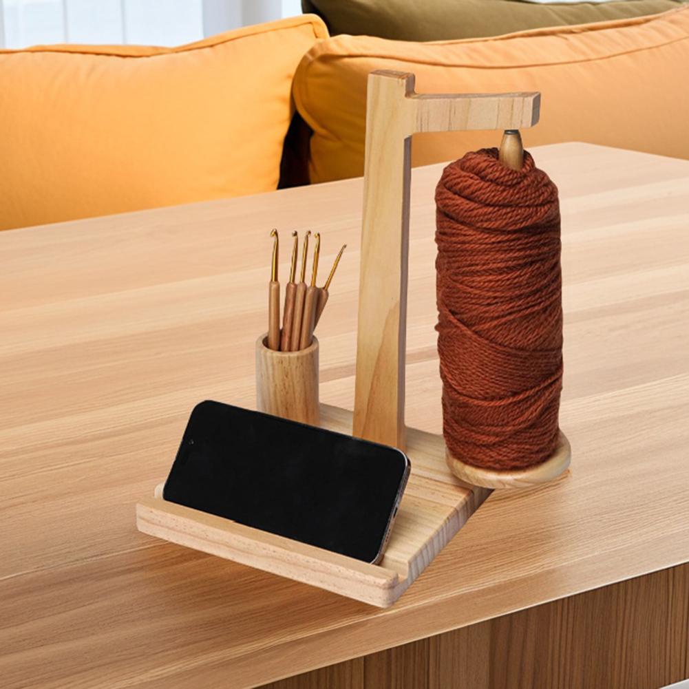 Wooden Yarn Holder Yarn Ball Holder with Phone Stand Yarn Spinner Rotatable Yarn Ball Storage Rack Crocheting Accessories