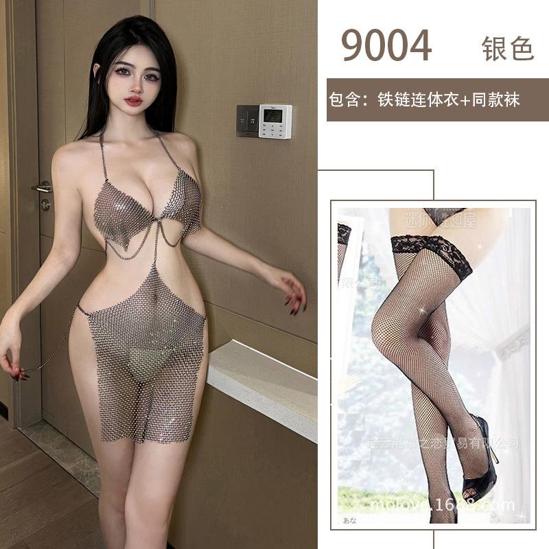 Sexy Perspective Chain Sexy Lingerie Seduction Hollow Strap Neck Three-point Nightclub Girl Uniform