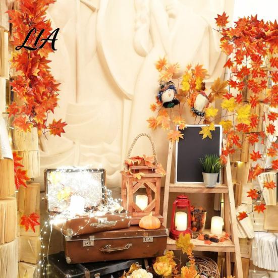Seasonal Pastoral Scenery Props Artificial Maple Leaf Garland, Autumn Hanging Plant Fake Fall Realistic Silk Leaves Rattan, Orange Red