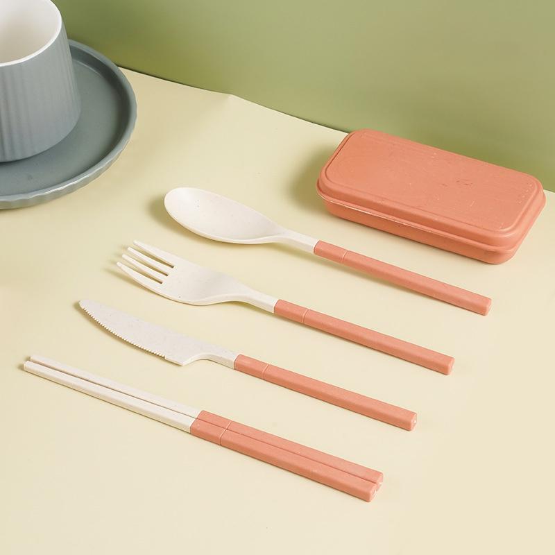 Japanese-Style Wheat Straw Cutlery Set Knife Fork Spoon Chopsticks - Three-Piece Folding Portable Cutlery