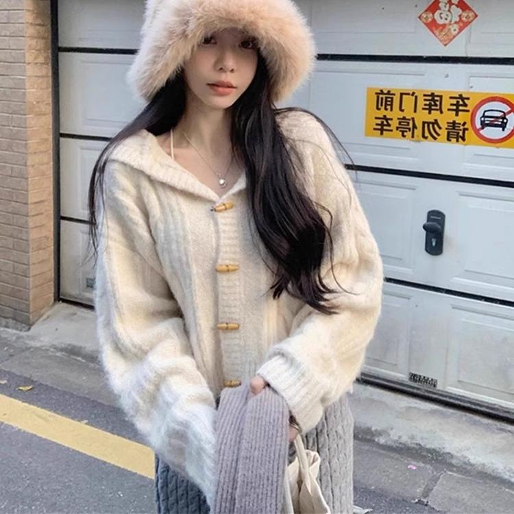 Autumn Winter horn button Knitted Sweater women's Short Cardigan jacket Loose korean Fashion solid hooded Sweaters youth Women