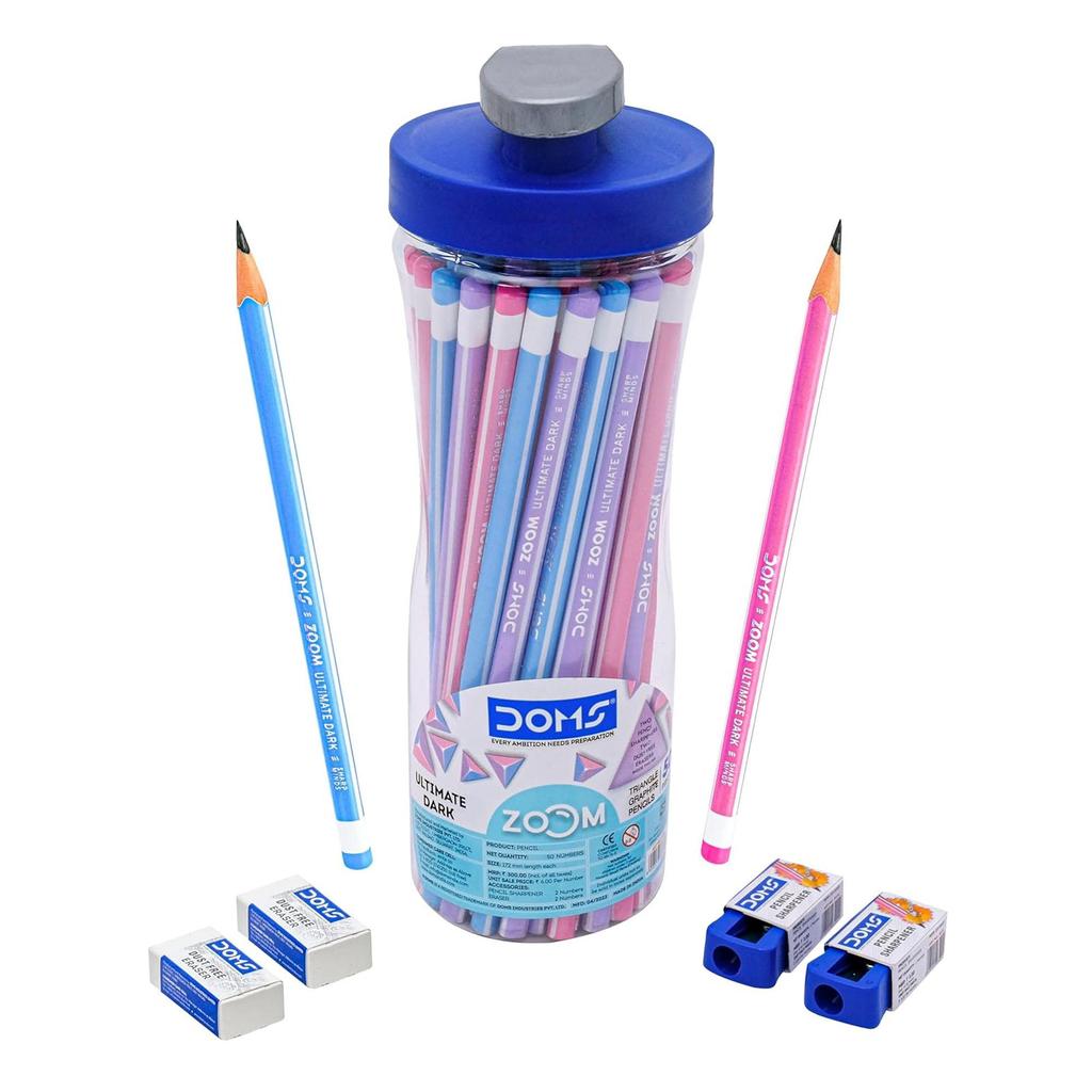 DOMS Zoom Triangle Pencil Pack of 50 Ergonomic Graphite Writing Pencils with Super Dark Lead for School Office Sketching