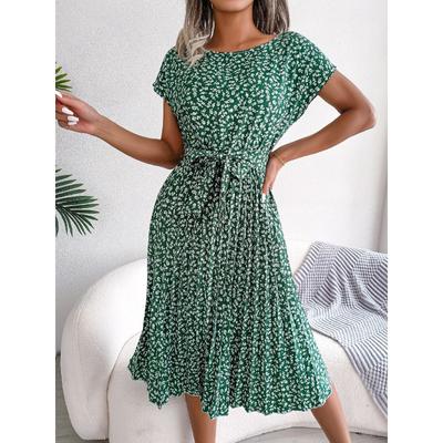 Robe midi plissée verte à imprimé floral pour femme, avec ceinture