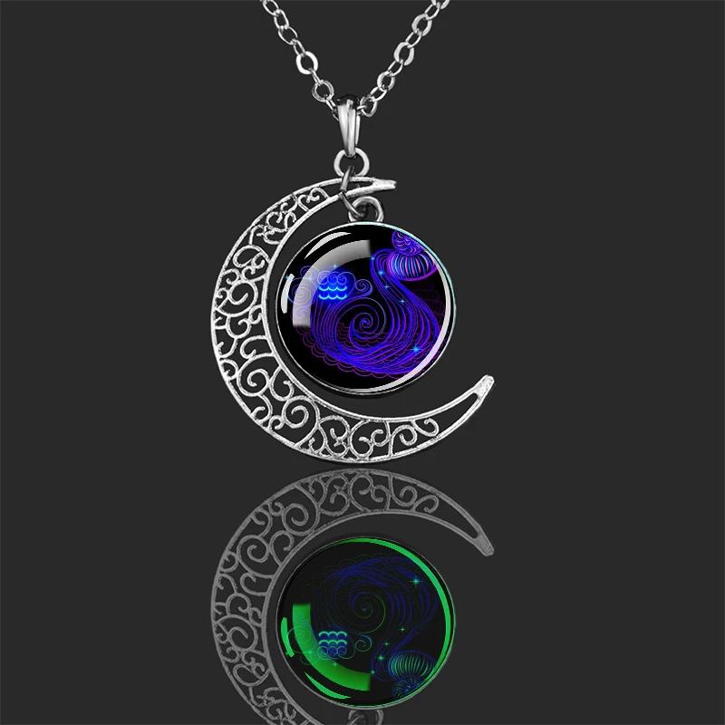 Luminous 12 Constellations Zodiac Signs Necklaces Crescent Moon Pendant Chains Necklace for Women and Men Birthday Jewelry Gifts
