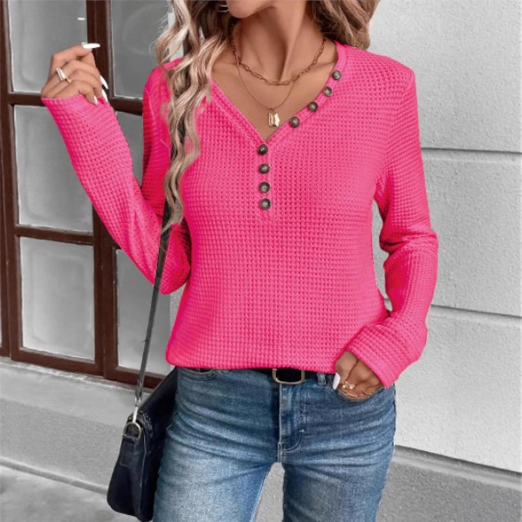 Women's Fashion Casual V-Neck Button Pineapple Plaid Long Sleeve T-Shirt Top