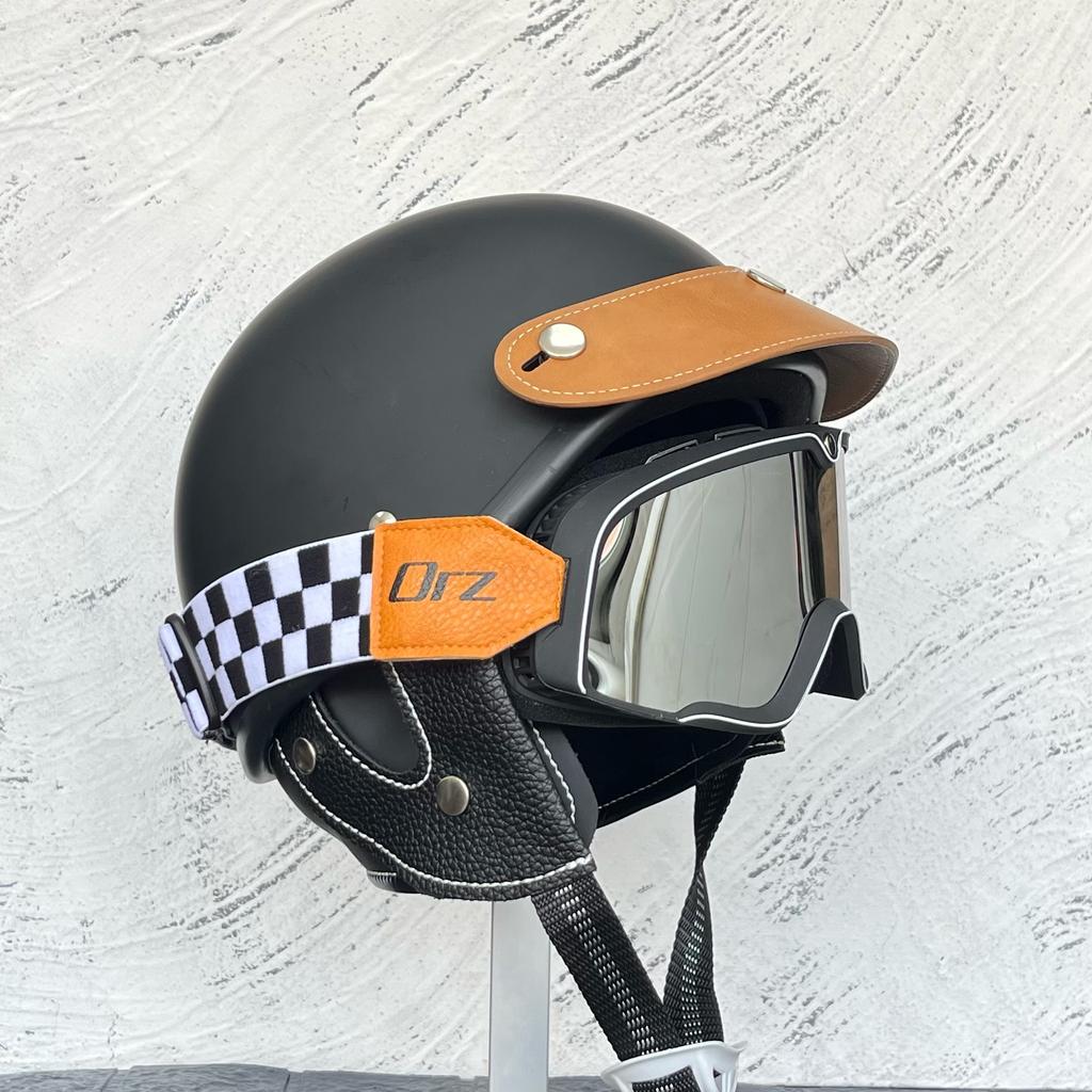 ORZ-Vintage 3/4 Scooter Helmet with Goggles Kit Windproof Anti UV Open Face Motorbike Helmet Unisex Street Riding Protection