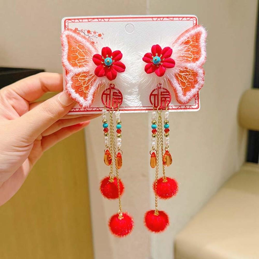 2pcs Bow New Year Tassel Barrettes Plush Ball Embroidered Bow Headwear Hanfu Hair Accessories  Kids