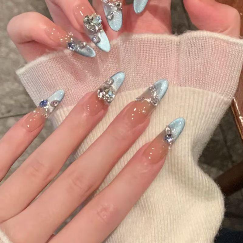 Handcrafted Water Gloss Blue Cat Eye Rhinestone Fake Nails for Trendy Students
