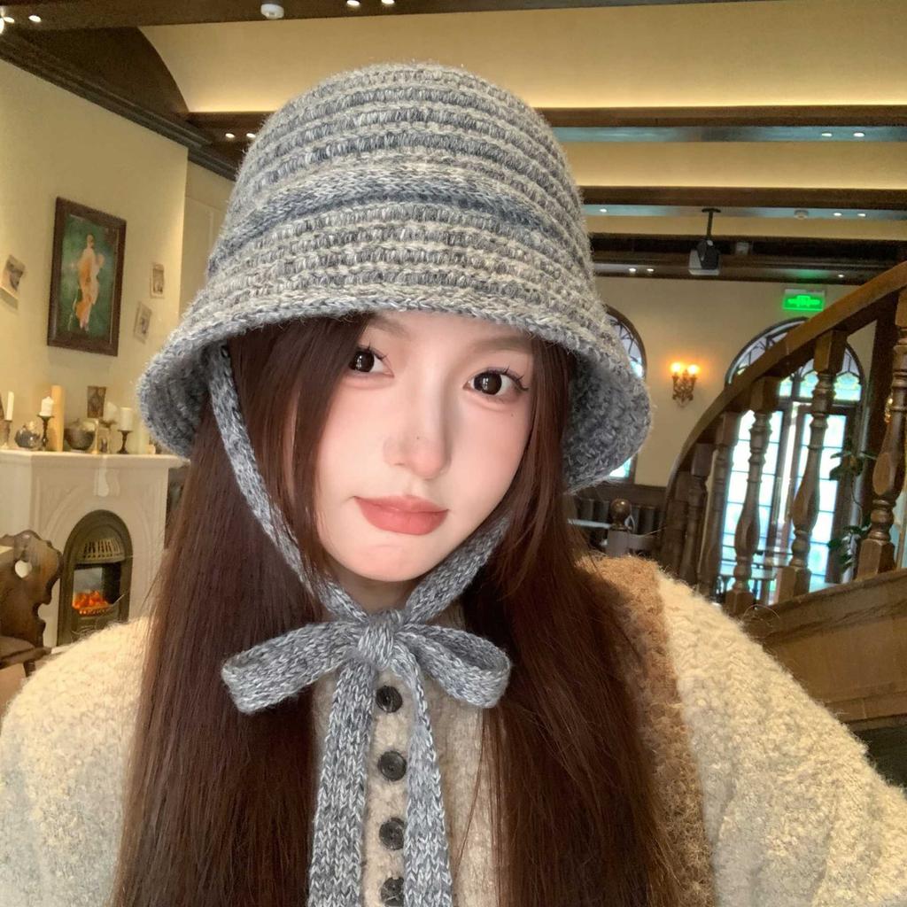 Autumn and winter versatile plush bucket hat women's warm windproof basin hat knitted hat breathable face small hat