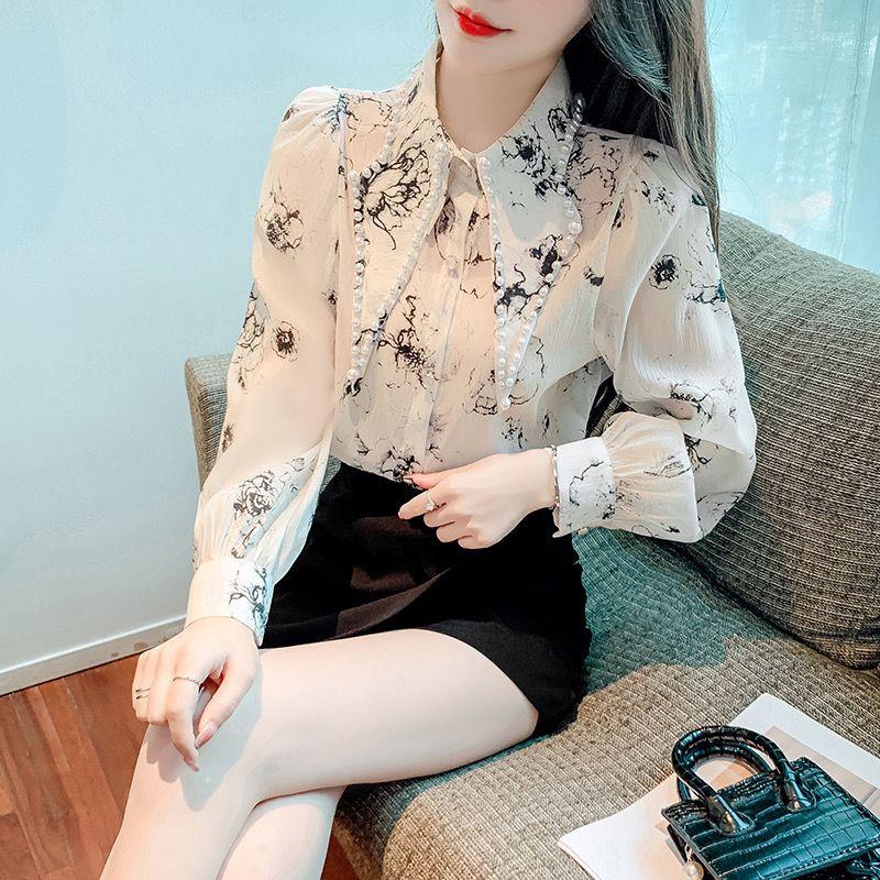 

Vintage Ink Painting Straight Shirt Commute Spring Autumn Single-breasted Women s Clothing Turn-down Collar Chic Beading Blouse S білий