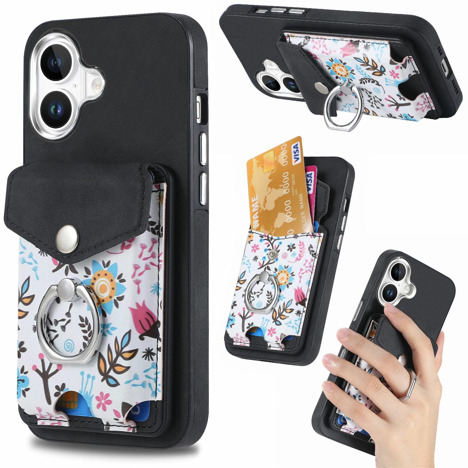 

For iPhone 16 Case Compatible with MagSafe Card Bag Leather+TPU Phone Cover Black