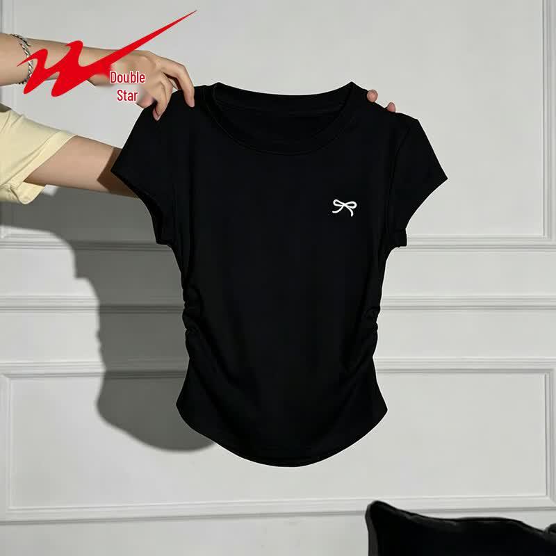 Shuangxing Women's Butterfly Embroidery Pleated Slimming T-Shirt