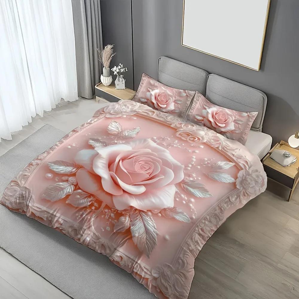 3Pcs Pink Bedding Set Girl Wind Flower 3D Print Cozy Duvet Cover King Queen Twin Size Birthday Gift For Adult Bedroom Decoration