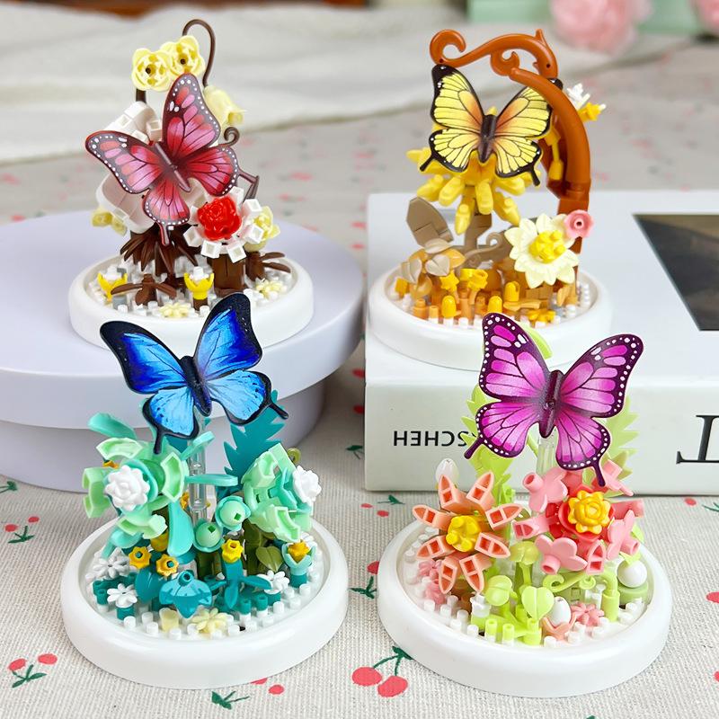 Insect Specimen Nanobrick Flower Butterfly Micro Diamond Block Model Construction Brick Educational Toys Display Stand For Gifts