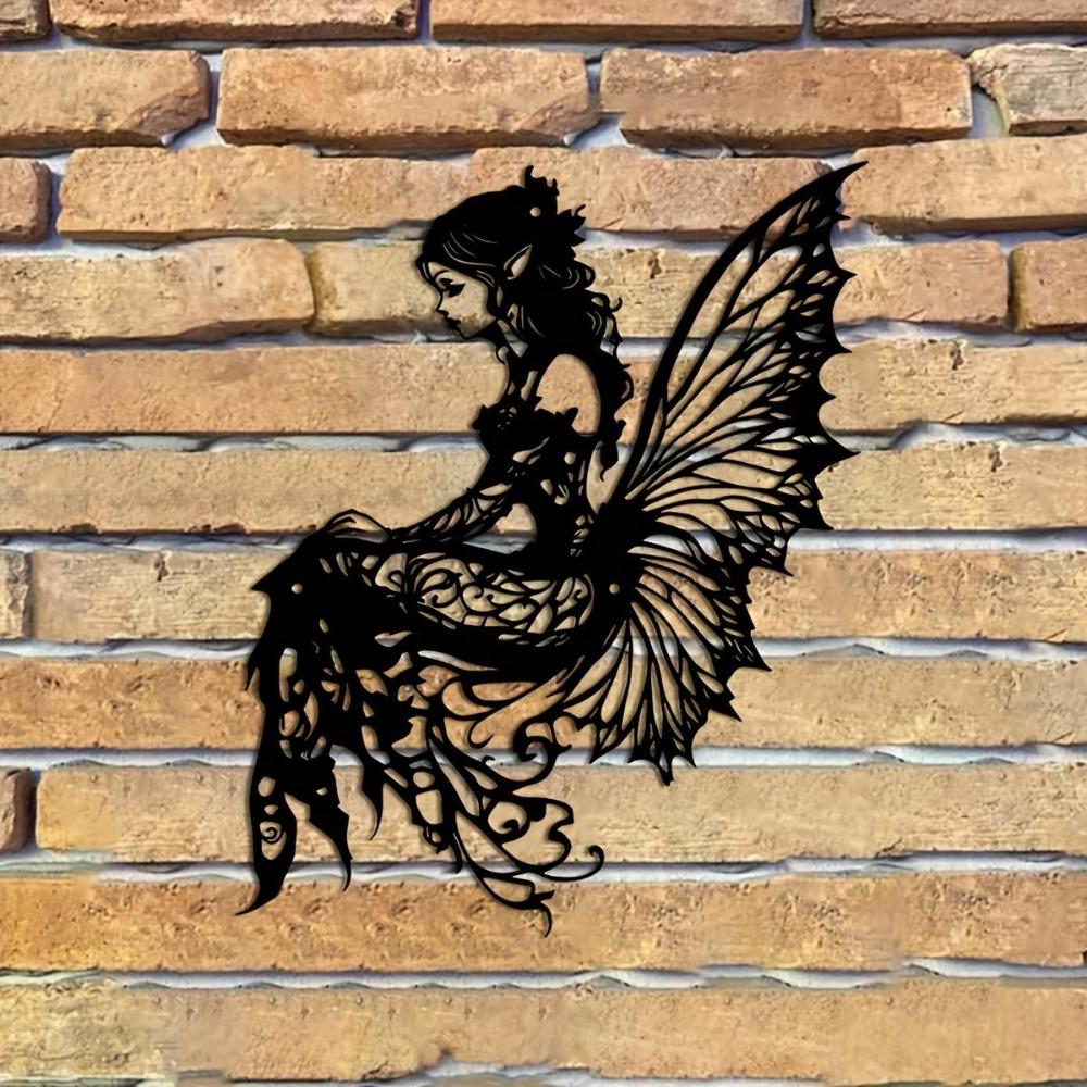 Art Deco Iron Wall Art Metal Sculpture Elf Silhouette Butterfly Wings Garden Patio Decor