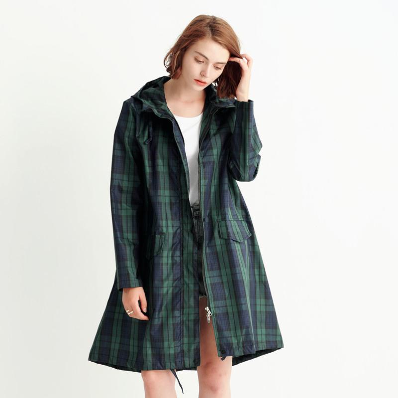Damen Fastion grün karierter langer Regenmantel, wasserdichte Regenjacke, Mantel, Wander-Windjacke
