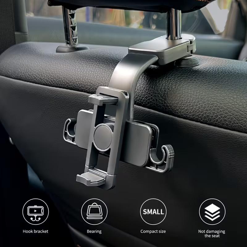 Car Headrest Phone Mount – Clip-On Design, 360° Rotatable & Retractable, Multifunctional Backseat Phone Holder
