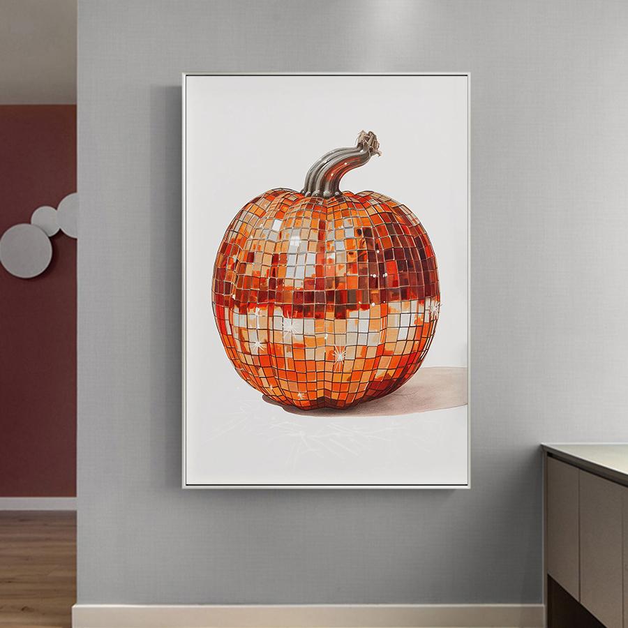 Large Orange Disco Pumpkin Prints and Posters, Retro Halloween Wall Arts, Fall Canvas Decoration, Wall Decor, No Frame