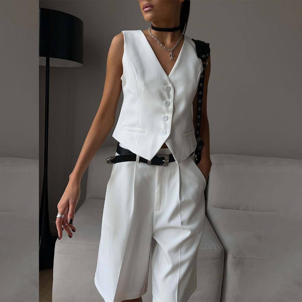 Spring Summer Women's Vest Waistcoat Suit Set V Neck Single Breasted Vest + Straight Suit Shorts Fashion Casual Outfit European American Style
