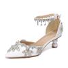 Summer 5cm Round Heel Wedding Dress Bridal Shoes Shaped Heel Pearl Sandals Water Diamond White Sandals Gold Silver Pumps 35-43