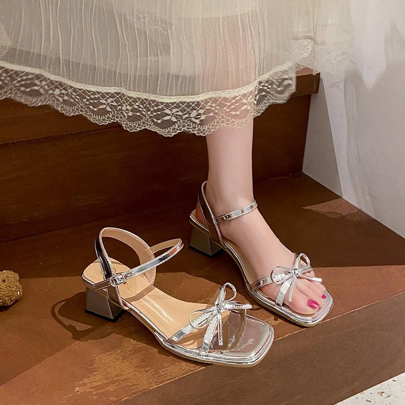 Fashion Yama Roman high-heeled slippers 2025 summer new thin strips with open-toed buckle straps medium-heeled sandals women