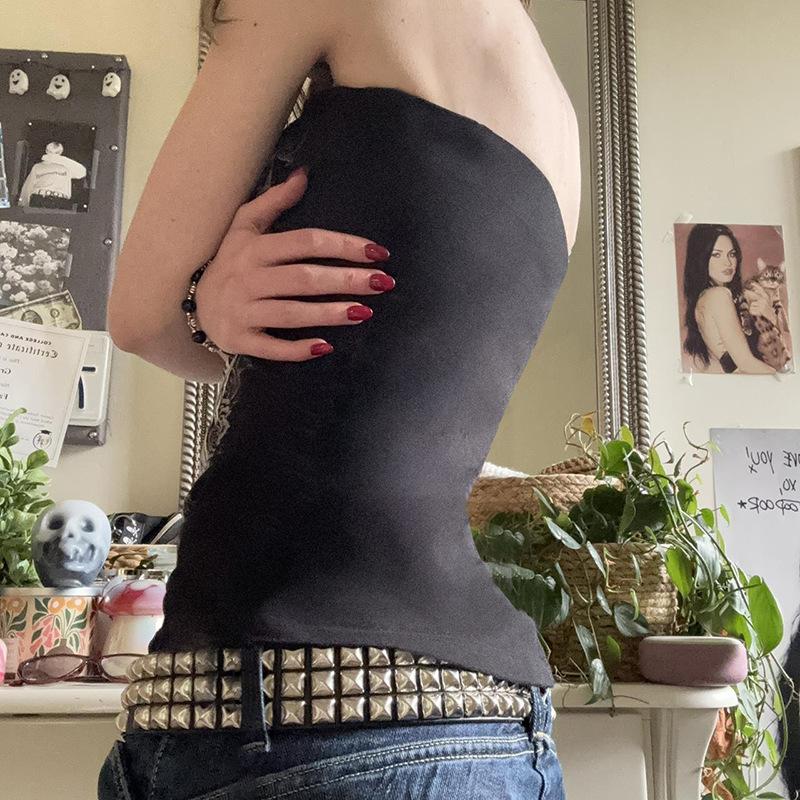 Gothic Print Black Tube Top Women Strapless Skinny Cropped Tops Summer Casual Chic Graphic Tees Y2k Streetwear Vest Basic