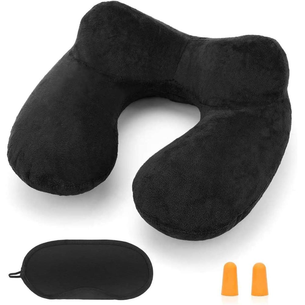 Inflatable Travel Pillow with Soft Velvet Cover & Carry Bag, Neck Support for Airplane, Car, Office & Adult Sleeping