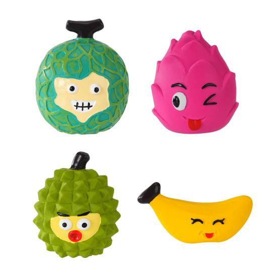 Latex Fruit Dog Chew Toy Squeaky Cartoon Melon Banana Dragon Fruit Durian Interactive Toy Small Medium Large Dogs Teething Cleaning Boredom Toy