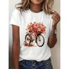 European Size Women'S Casual Summer T-Shirt with Romantic Flowers & Bike Graphic Print - Short Sleeve Crew Neck, Perfect for Spring & Summer Outfits