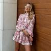 Ink printing long-sleeved dress short dress European and American spring new stand-up collar lantern sleeve lace-up dress