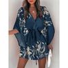 2026 Frühling Damen V-Ausschnitt Fledermausärmel Tropischer Print Kordelzug Taille Mini Strandkleid Urlaubs Überwurf Kurzes Kleid