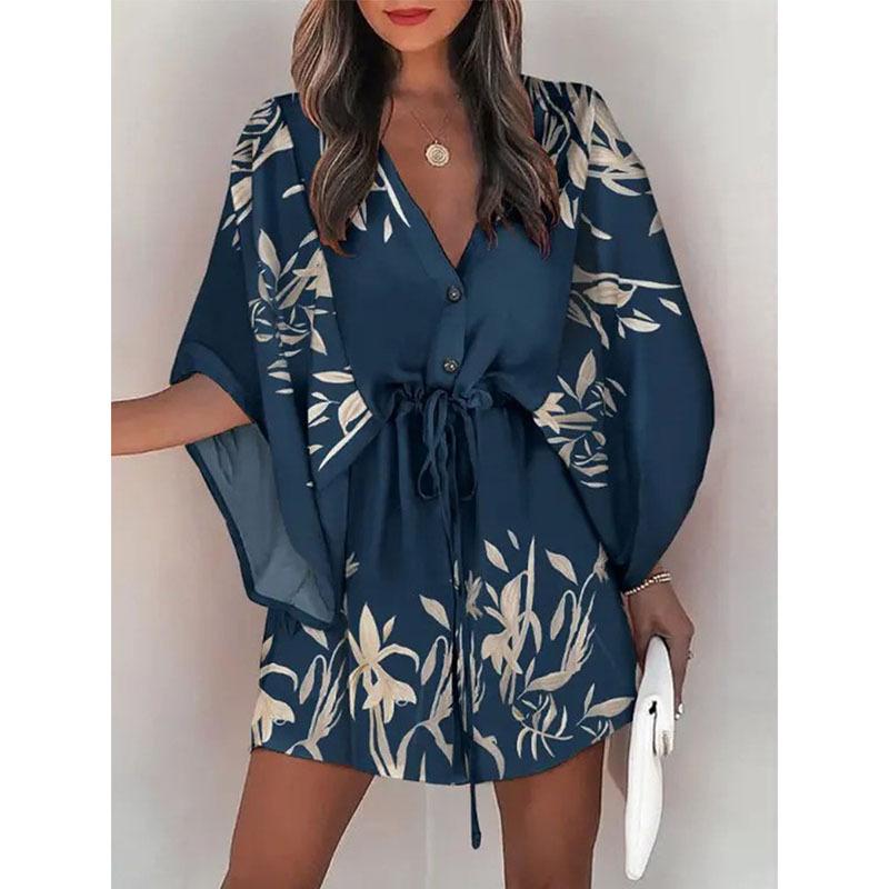 2026 Frühling Damen V-Ausschnitt Fledermausärmel Tropischer Print Kordelzug Taille Mini Strandkleid Urlaubs Überwurf Kurzes Kleid