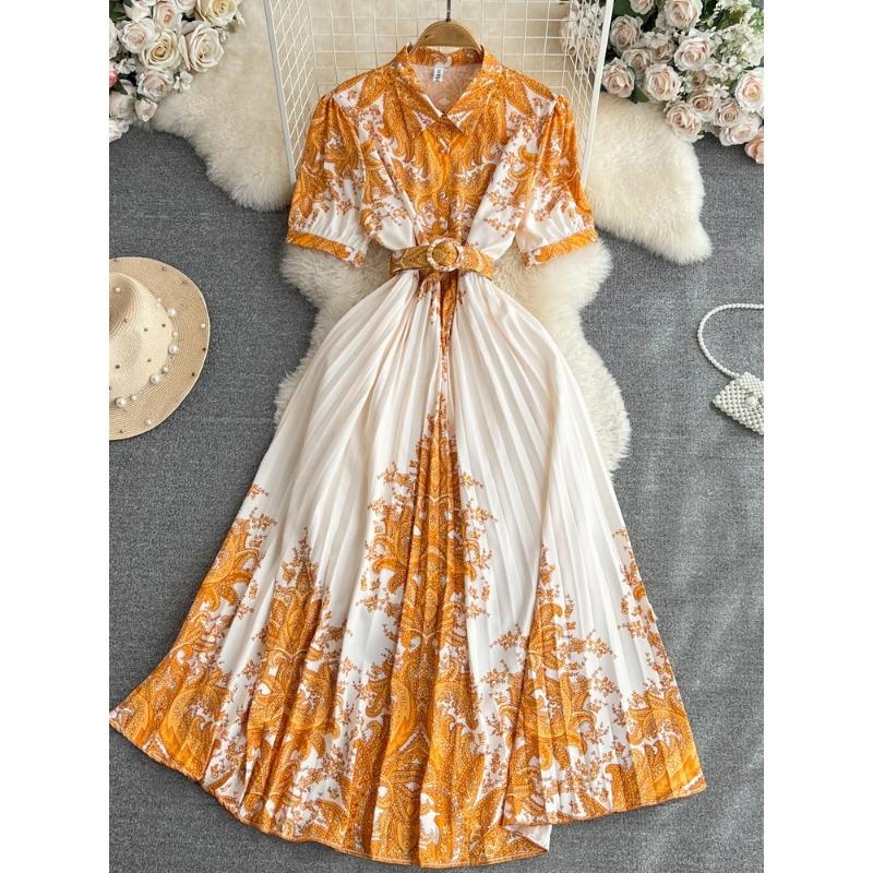 Summer Vintage Women Print Pleated Party Long Dress Elegant Turn-Down Collar Short Sleeve High Waist Draped Beach Vestidos New