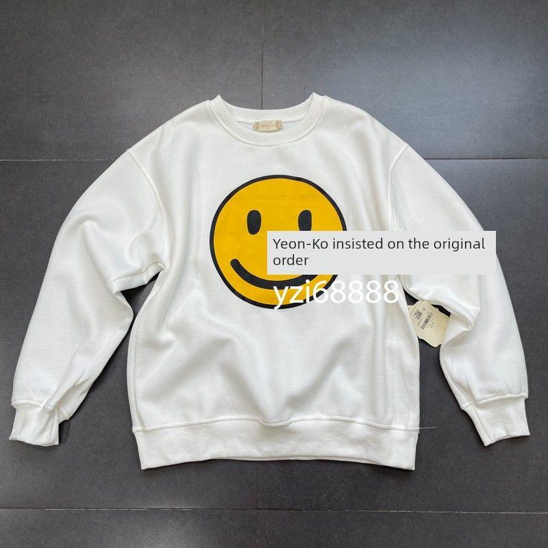 

Large Smiling Face Velvet Loose Version Slip Shoulder Preppy-Style Sweatshirt White Smiley Fleece-lined Sweatshirt M
