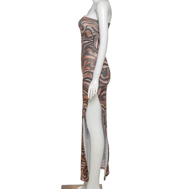 Dress Spaghetti Strap Slim Sexy Summer Tiger Pattern Khaki Split Fork Neck Lady Women Dress