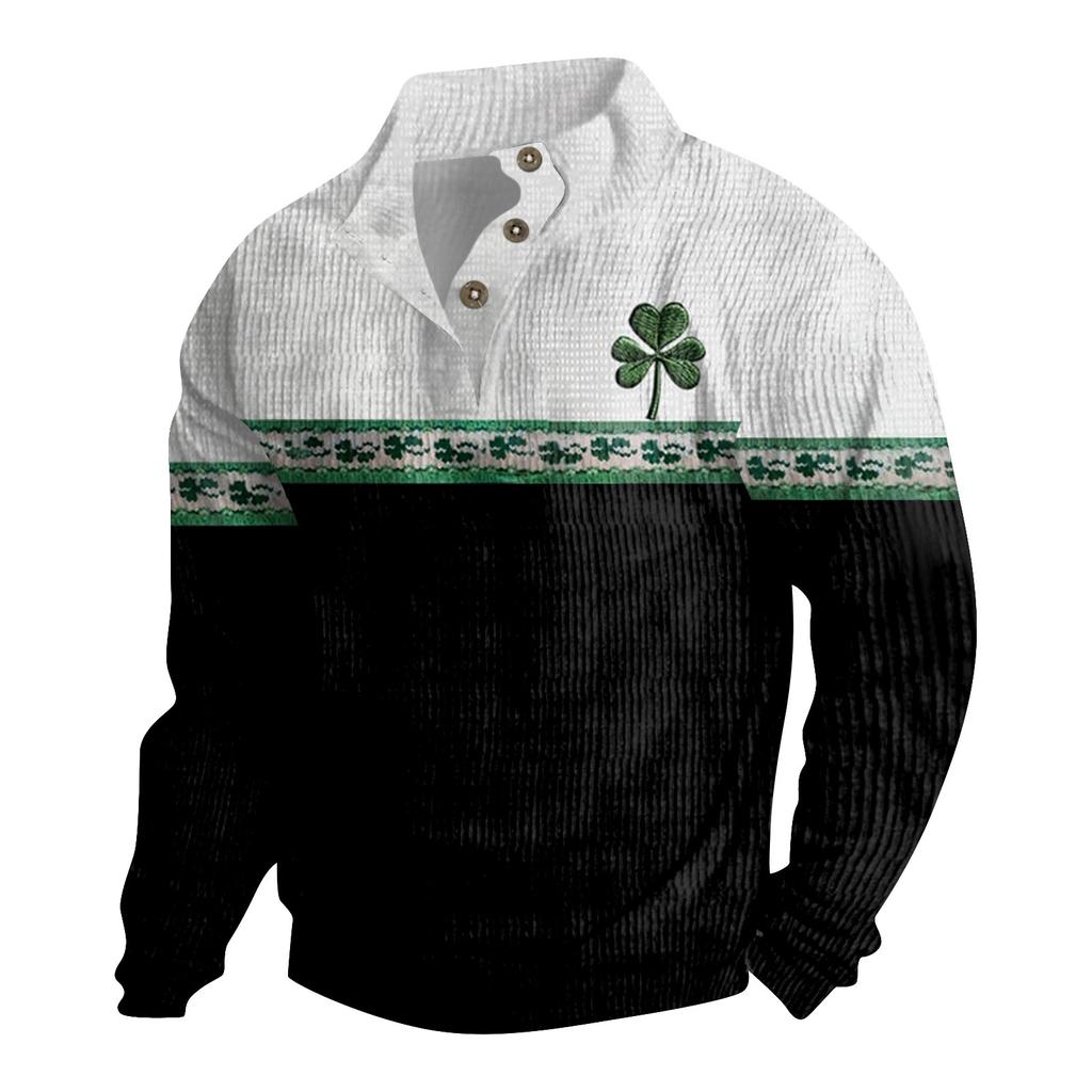 St. Patrick Men's Cotton Pullover Long Sleeve Outdoor Shirt Vintage Corduroy Button Stand Collar Shirt Casual Sweatshirt Print Top