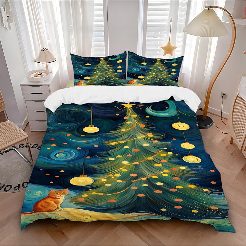 

3pc Christmas Cat Cover Set - 1 Quilt Cover + 2 Pillowcases, All Seasons Bedroom Setting, Perfect for Home035 135x200cm