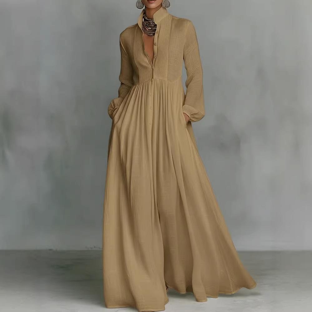 Abito Pieghettato a Vita Alta Sottile a Maniche Lunghe Stile Europeo e Americano Francese Temperamento Elegante Retro Casual Stile Vacanza