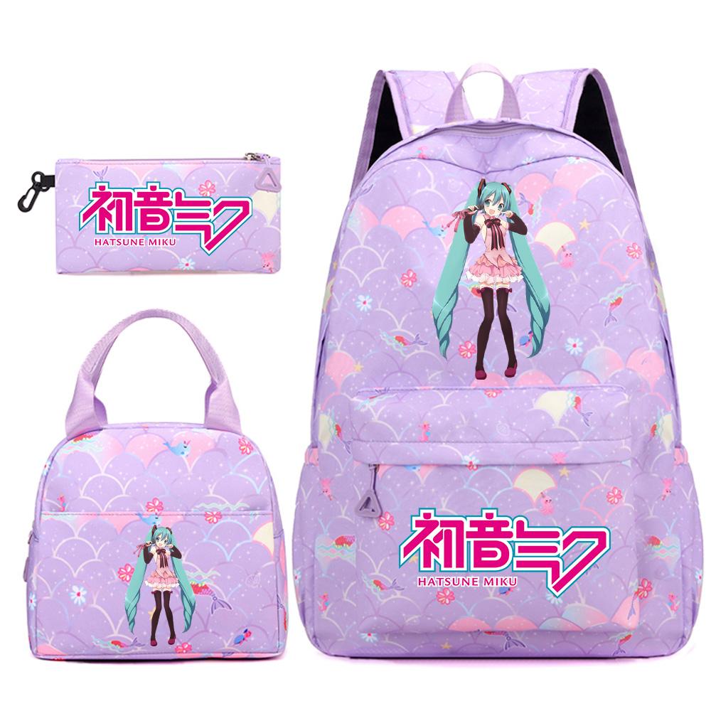 3 Stück/Set Anime Cartoon Hatsune Miku Bedruckter Rucksack Handtasche Federmäppchen für Teenager Schüler Mädchen Jungen Große Kapazität Wasserdicht Schultasche Reisetasche