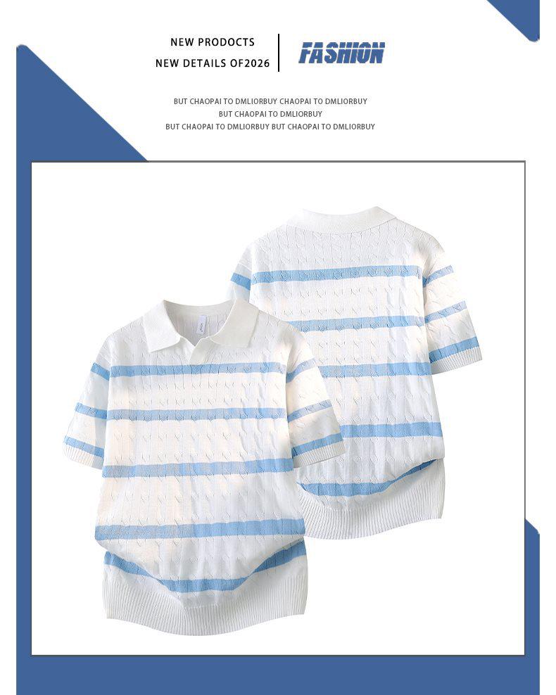 2026 Japanese Style White Striped Lapel Polo Knit T-Shirt for Men - Summer Short Sleeve