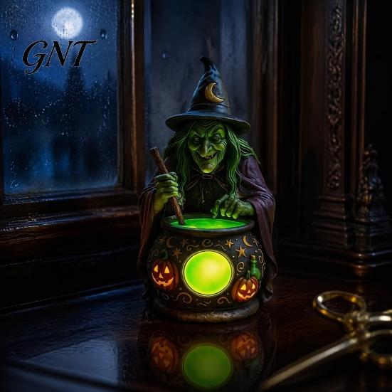 Bedroom Desk Decorations Halloween Witch Cauldron Lamp, Resin Statue Ornament, Spooky Decorative Small Garden Light for Desktop Table Decoration,