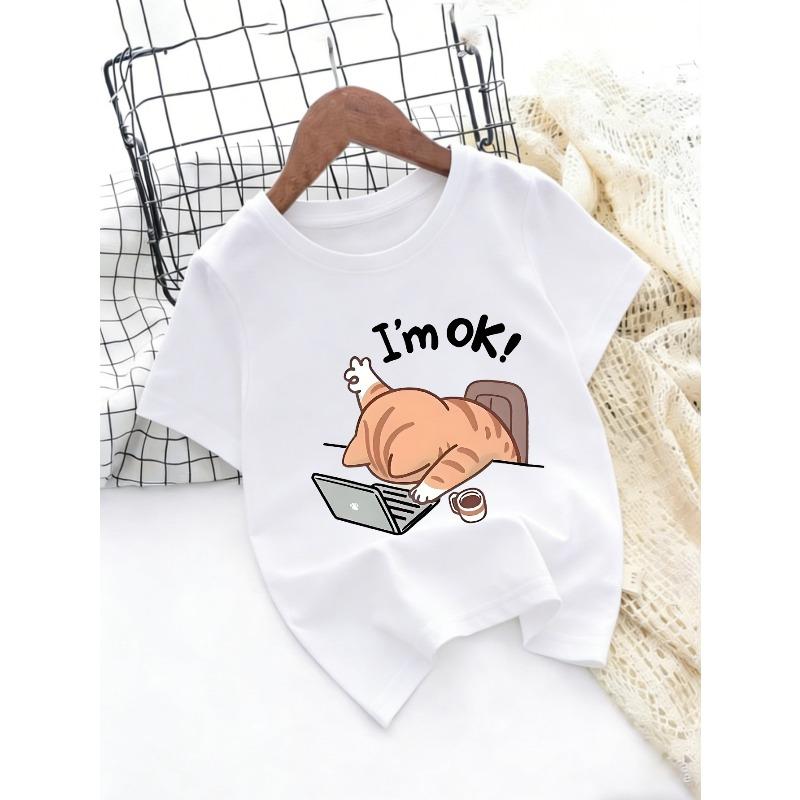Kids Crewneck Short Sleeve T-Shirt, Cute Cartoon Cat Animal Print Casual Summer Tee 110