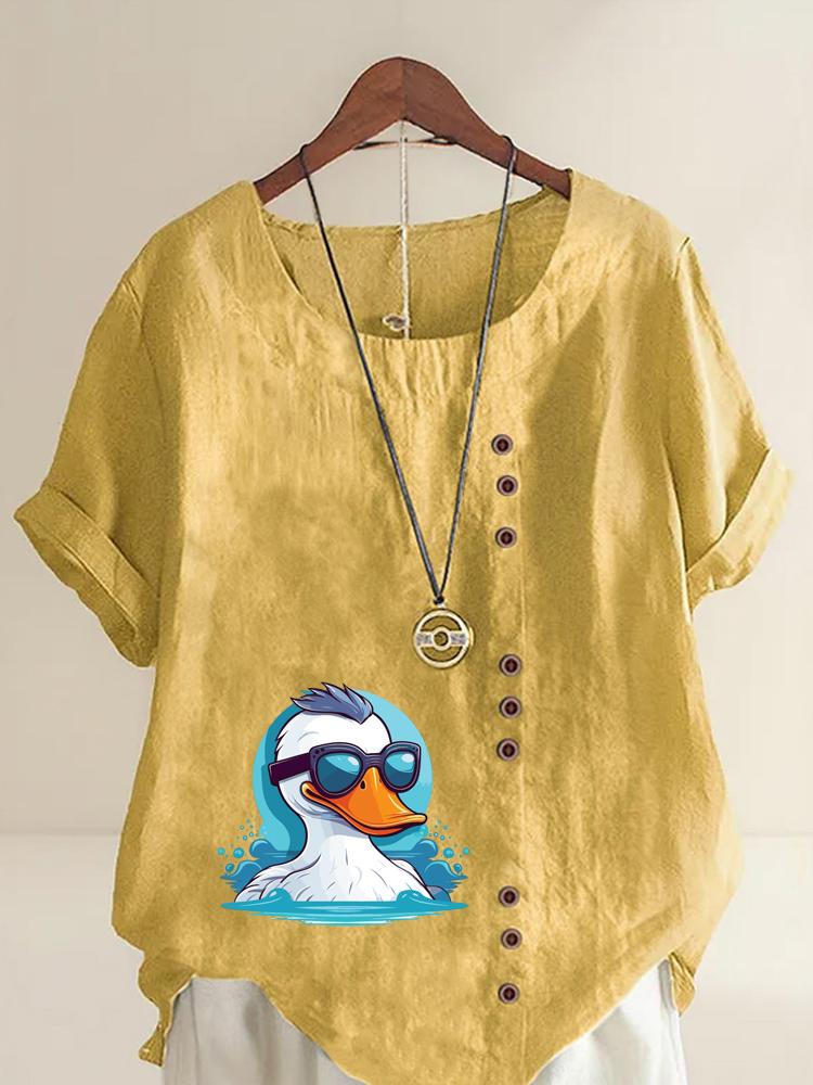 Women's Fashion Cool White Duck Print Casual Cotton Linen Short Sleeve Round Neck T-shirt Shirt Leisure Loose Summer Blouse Tops