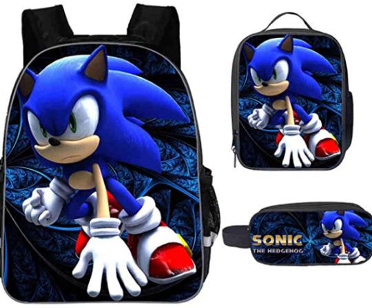 Sonic Primary School Student Schoolbag Three-Piece Set, Animation Cartoon Backpack, Shoulder Bag Pencil Case