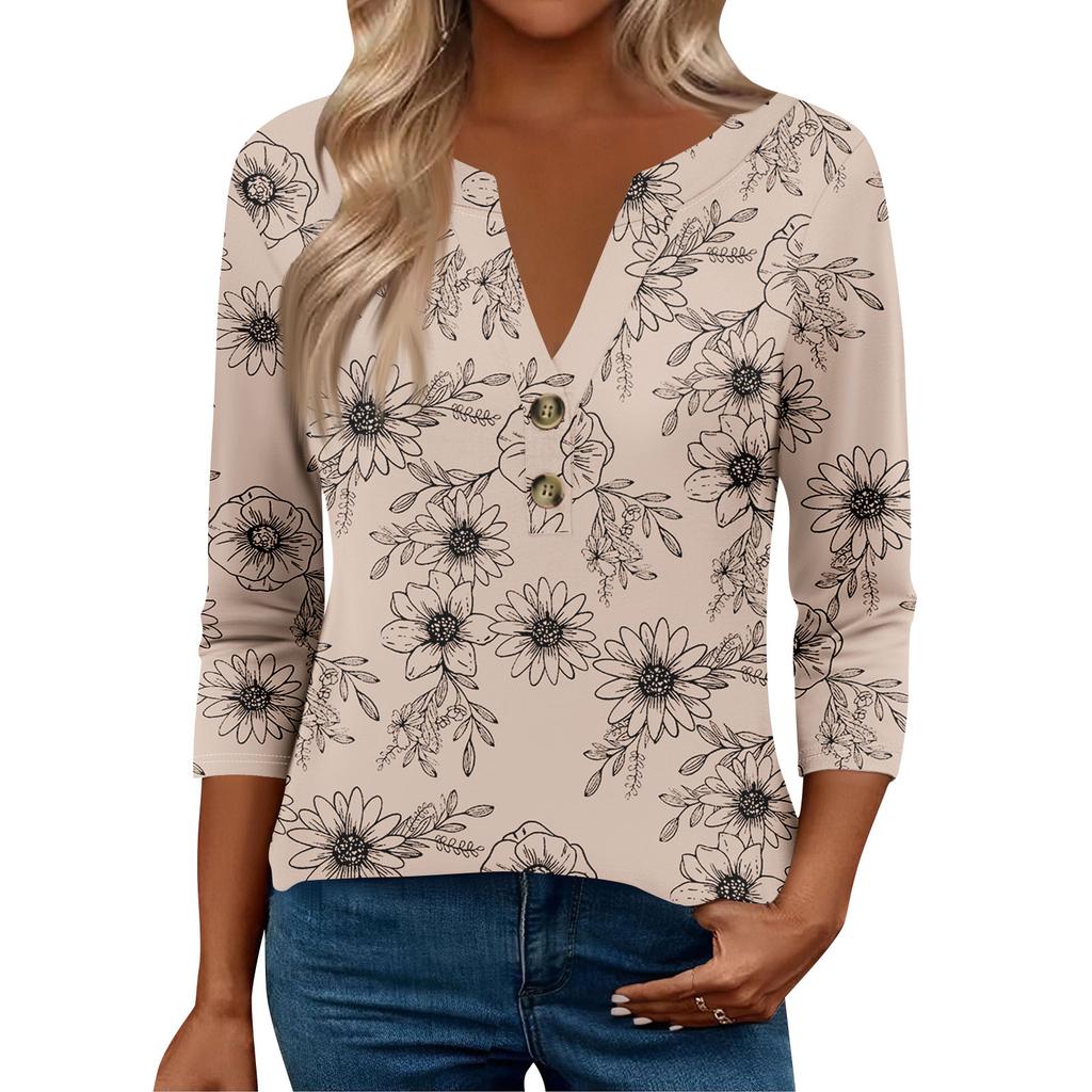 3/4 Sleeve Womens Tops For Women Henely Tops Button V Neck  Loose Fit Dressy Womens Summer Tops